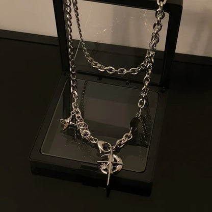 New Y2K Cuban Figaro Chain Star Moon Pendant Necklace